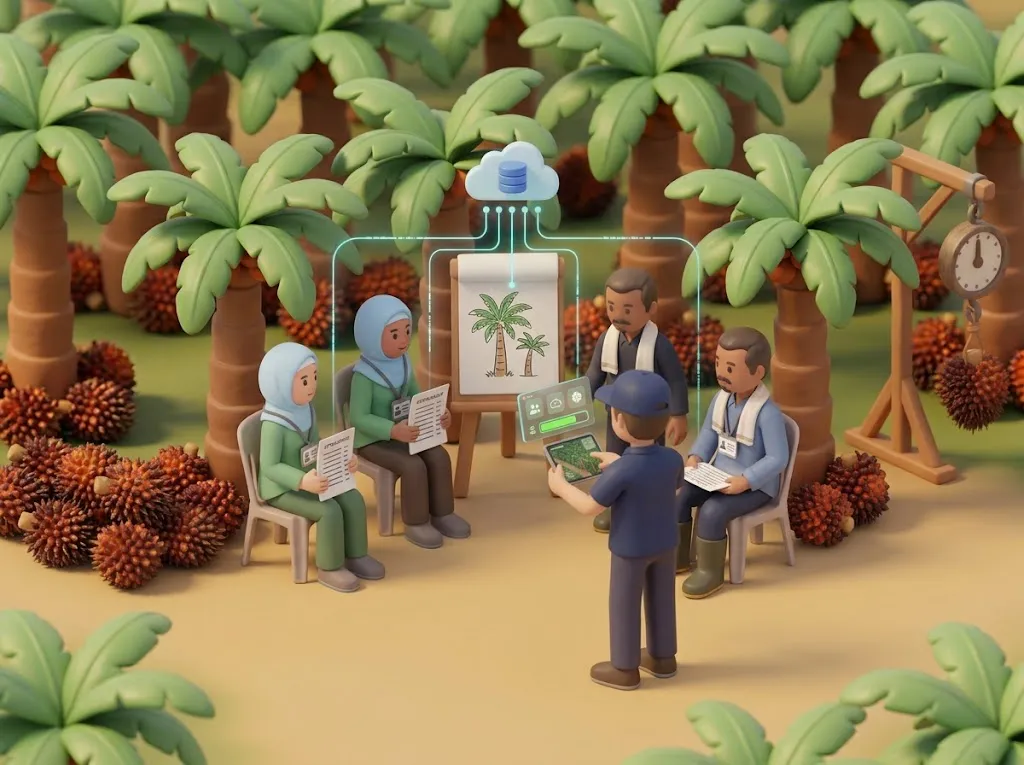 AI illustration of farmers with ID badges at a training session in an oil-palm plantation, a field officer entering data on a tablet, and glowing lines carrying the data up to a cloud database.